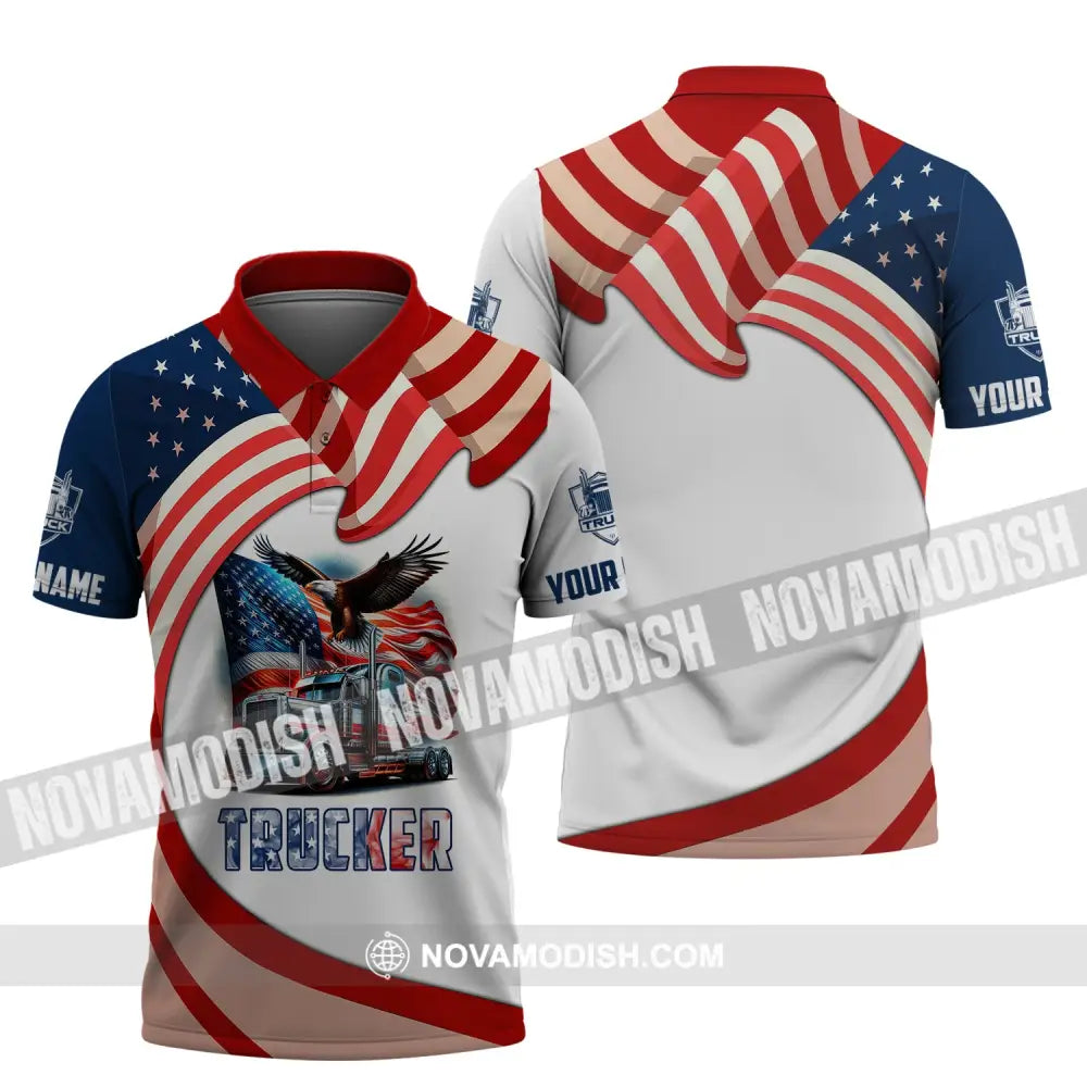 Unisex Shirt Custom Name Trucker T-Shirt Usa Flag Polo / S