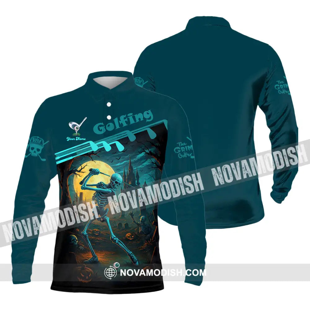 Unisex Shirt - Custom Skeleton Golfing Golf Player Shirt Long Sleeve Polo / S T-shirt