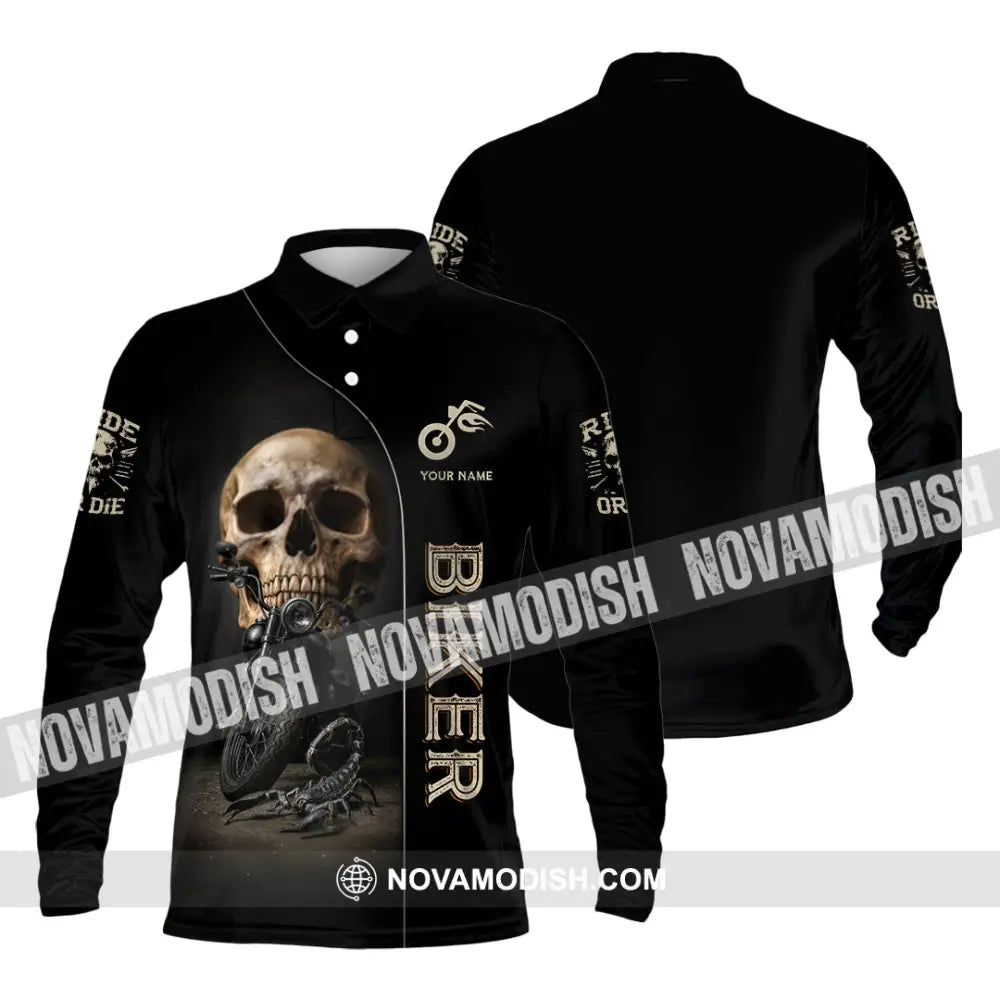 Unisex Shirt - Custom Skull Biker Shirt Long Sleeve Polo / S T-shirt