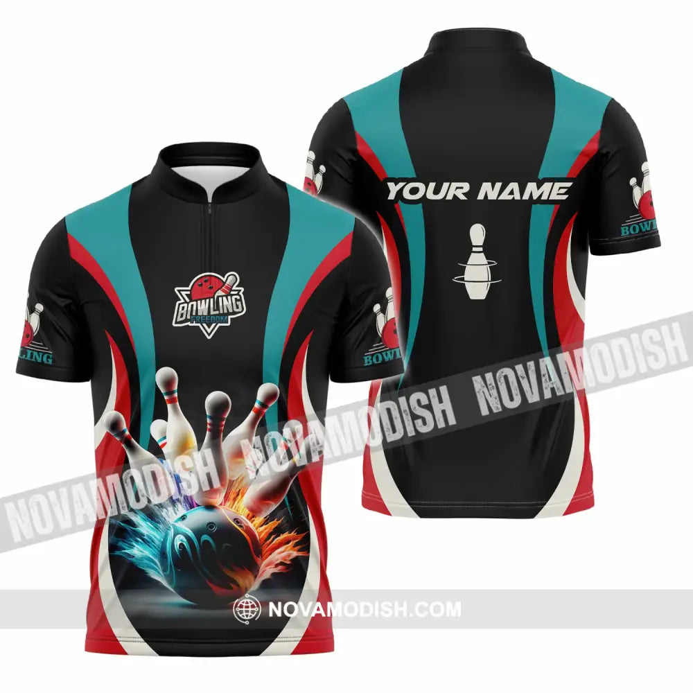 Unisex Shirt - Custom Text Shirt Bowling Freedom Shirt Zipper Polo Shirt / S T-shirt