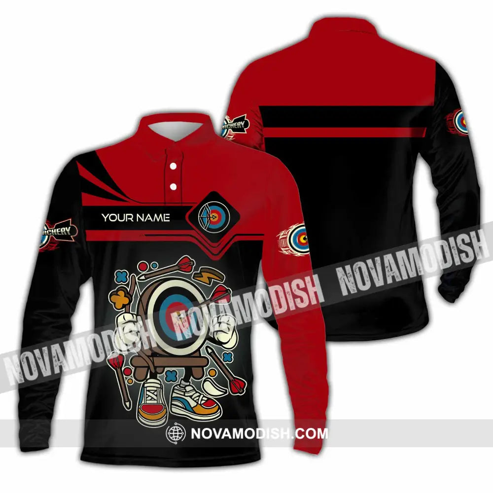 Unisex Shirt - Custom Text Cartoon Archery Long Sleeve Polo / S T-Shirt