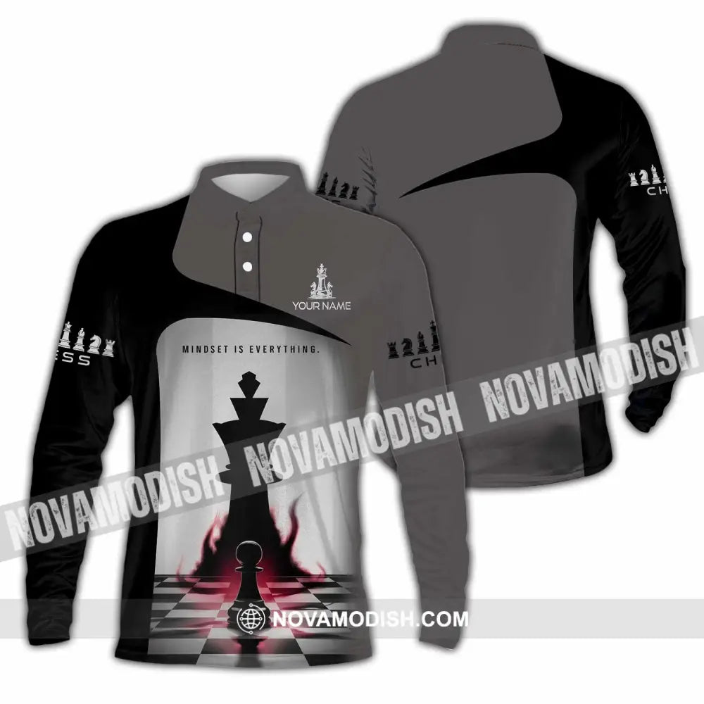 Unisex Shirt - Custom Text Chess Player Mindset Is Everything Long Sleeve Polo / S T-Shirt