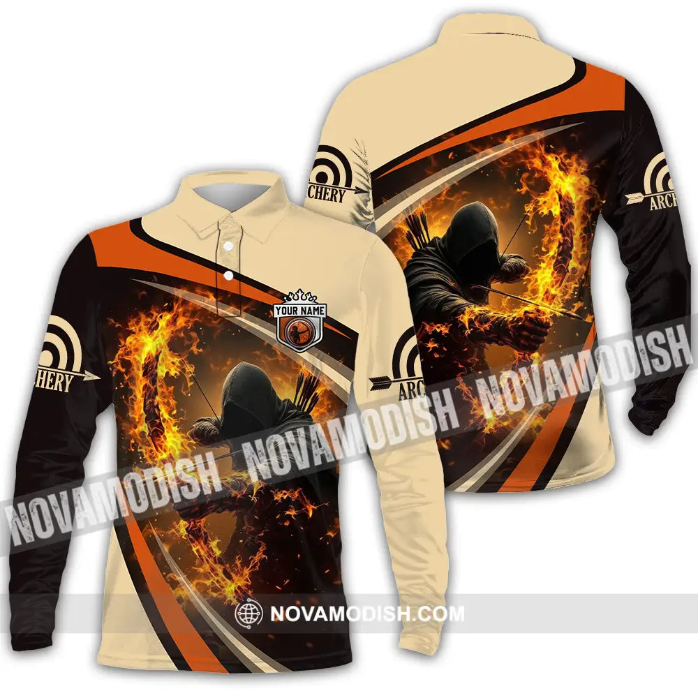 Unisex Shirt - Custom Text Shirt Fire Archery Long Sleeve Polo / S T-shirt