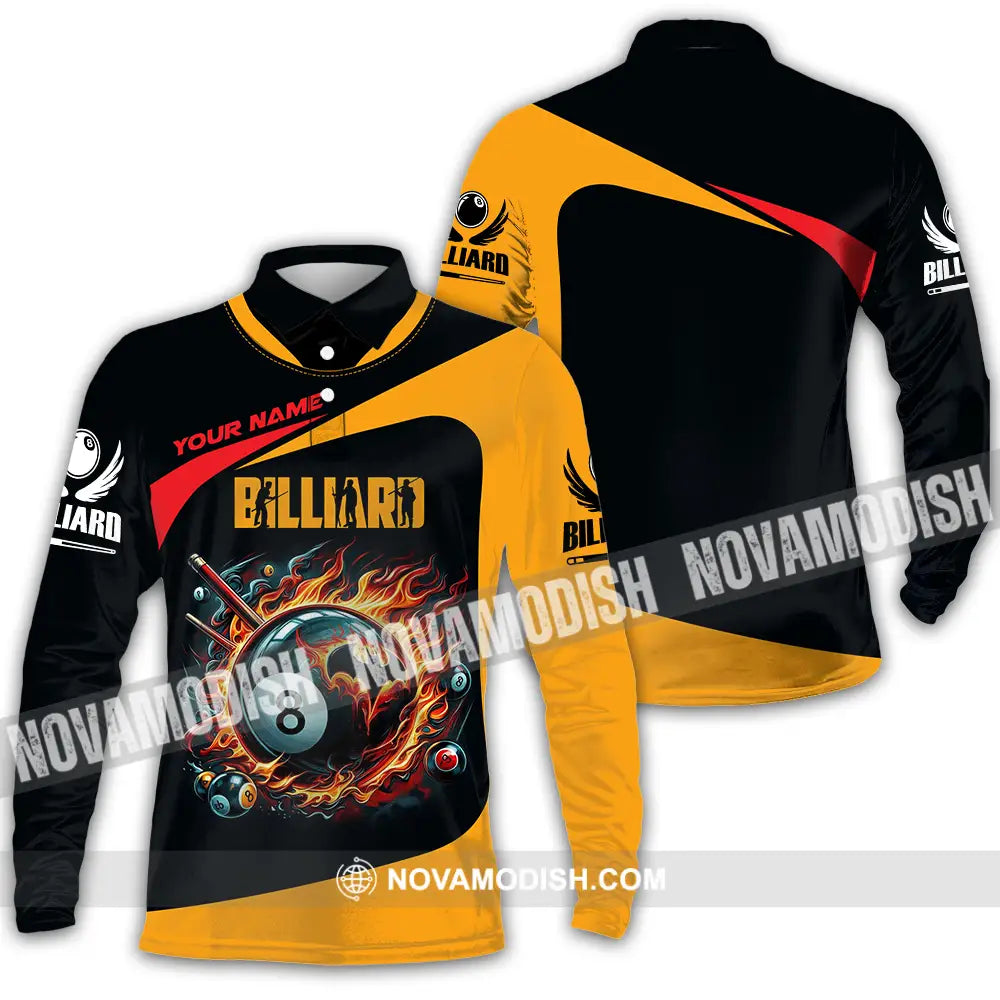 Unisex Shirt - Custom Text Fire Billiards Ball Player Sport Shirt Long Sleeve Polo / S T-shirt