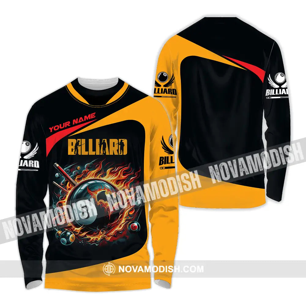 Unisex Shirt - Custom Text Fire Billiards Ball Player Sport Shirt Long Sleeve Shirt / S T-shirt