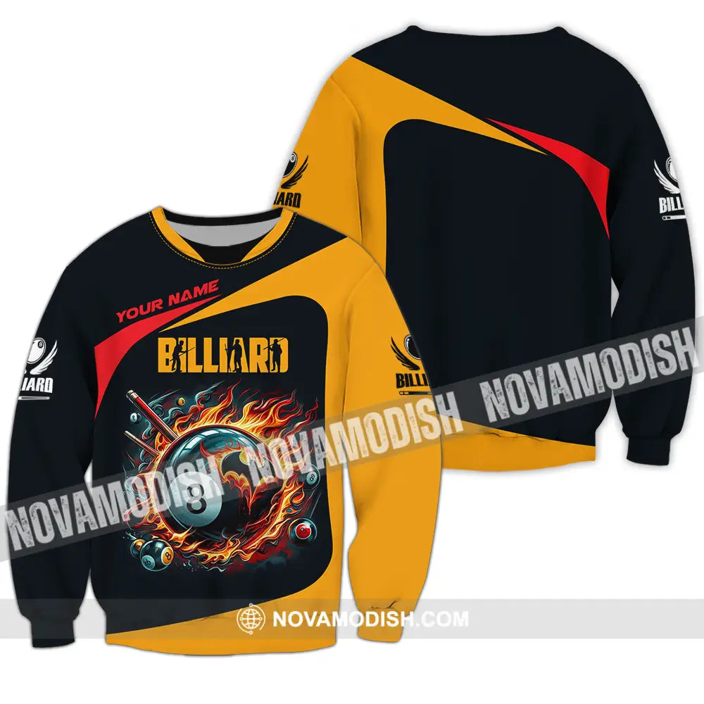 Unisex Shirt - Custom Text Fire Billiards Ball Player Sport Shirt Long Sleeve / S T-shirt