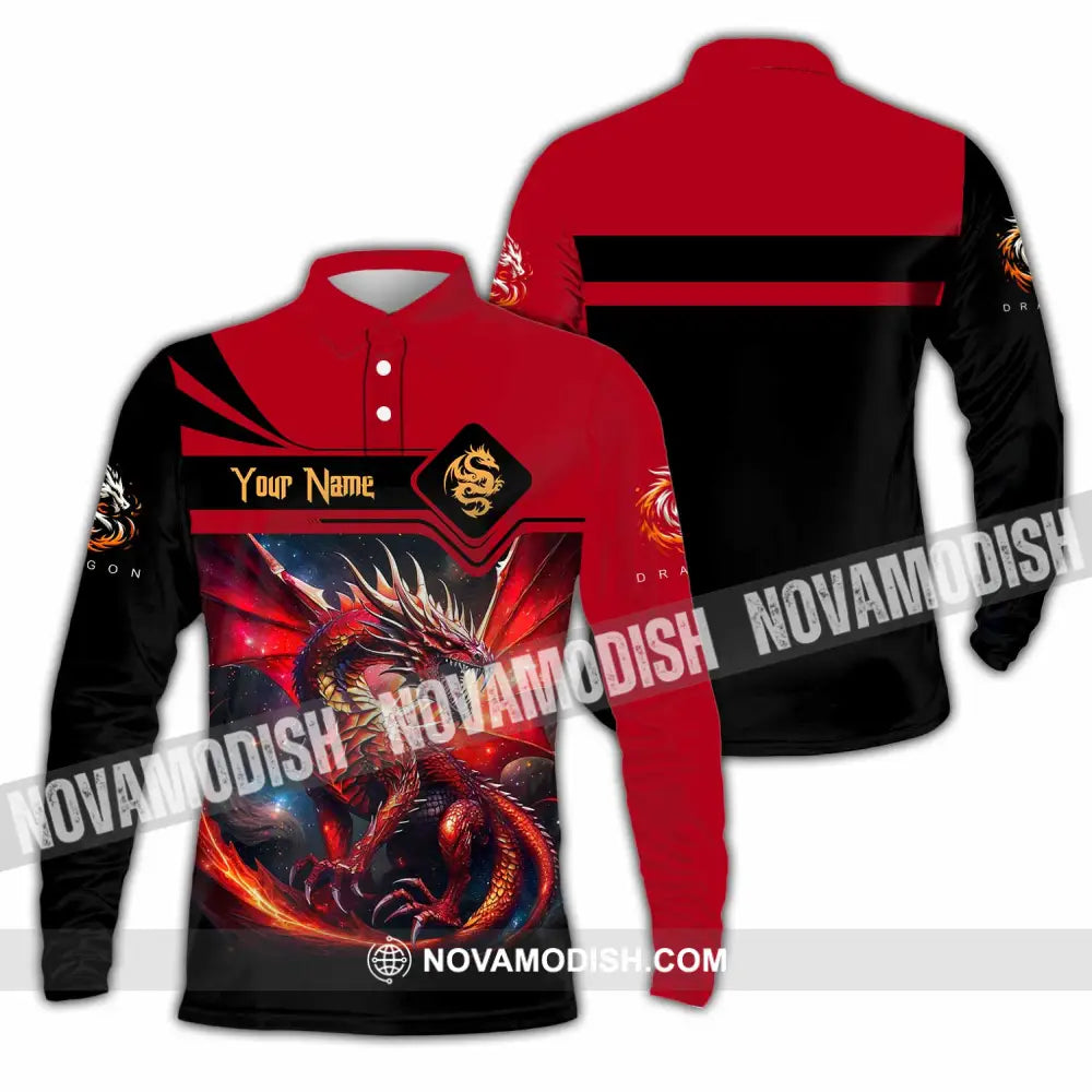 Unisex Shirt - Custom Text Shirt Fire Dragon Shirt Long Sleeve Polo / S T-shirt