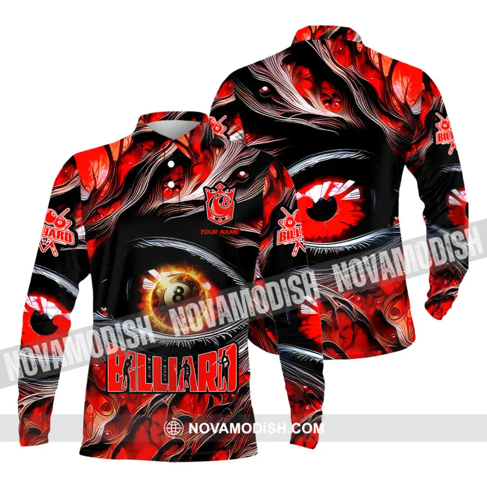 Unisex Shirt - Custom Text Fire Eye Billiard Sport Shirt Long Sleeve Polo / S T-shirt