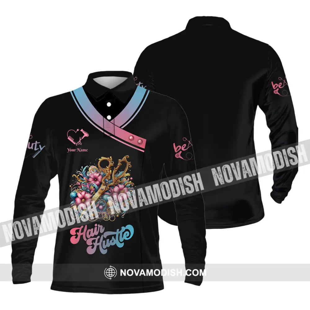 Unisex Shirt - Custom Text Hair Hustle Long Sleeve Polo / S T-Shirt