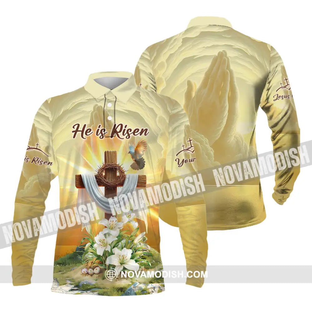 Unisex Shirt - Custom Text Jesus He Is Risen Long Sleeve Polo / S T-Shirt