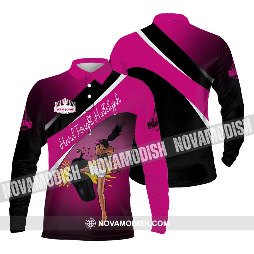 Unisex Shirt - Custom Text Kick Boxing Hard Fought Hallelujah Long Sleeve Polo / S T-Shirt