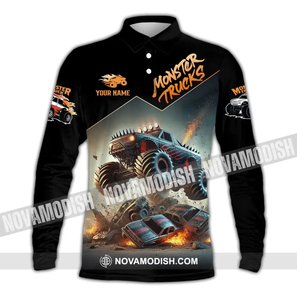 Unisex Shirt - Custom Text Monster Trucks Long Sleeve Polo / S T-Shirt