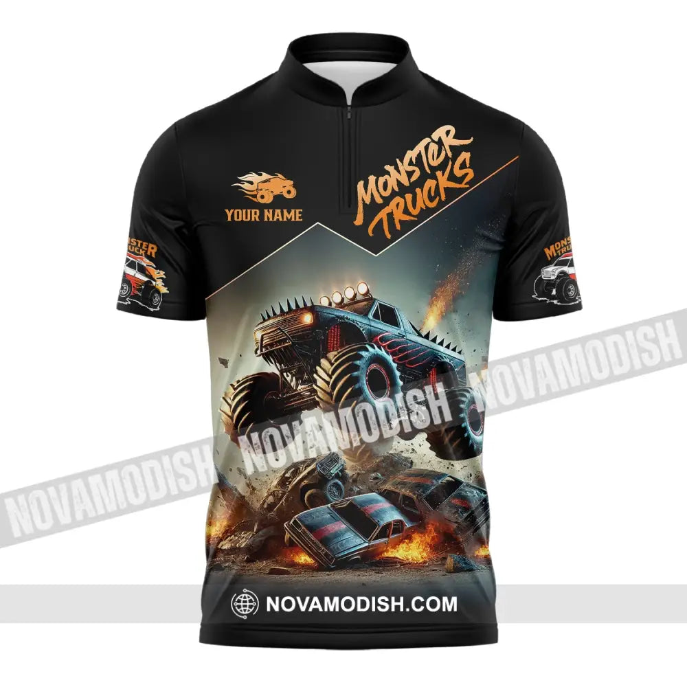 Unisex Shirt - Custom Text Monster Trucks Zipper Polo / S T-Shirt