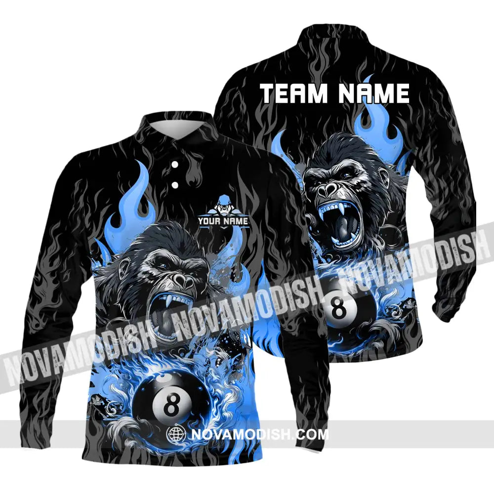 Unisex Shirt - Custom Texts Blue King Kong Billiard Player Sport Shirt Long Sleeve Polo / S T-shirt