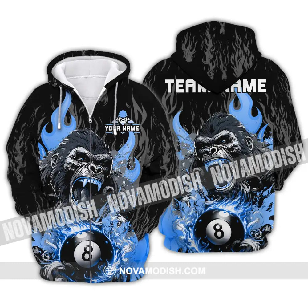 Unisex Shirt - Custom Texts Blue King Kong Billiard Player Sport Shirt Zipper Hoodie / S T-shirt