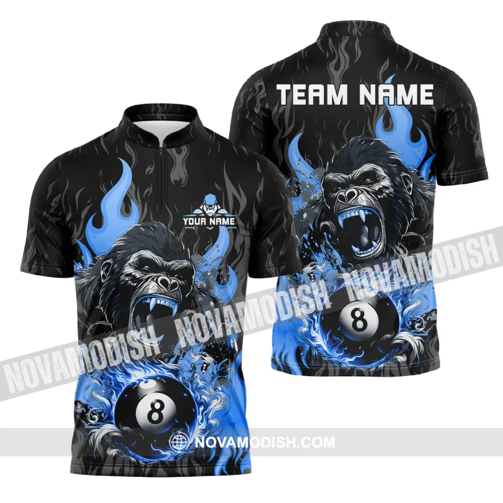 Unisex Shirt - Custom Texts Blue King Kong Billiard Player Sport Shirt Zipper Polo Shirt / S T-shirt