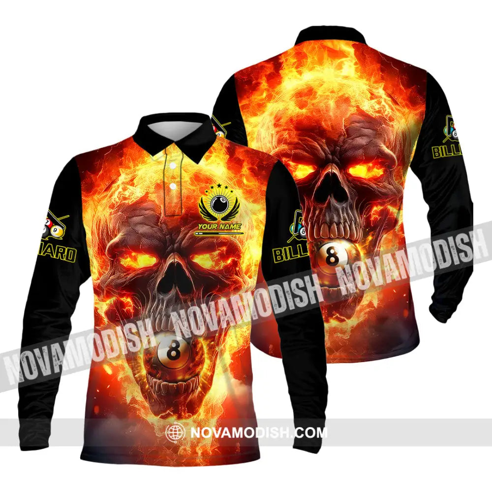Unisex Shirt - Custom Texts Fire Skull Billiards No8 Sport Shirt Long Sleeve Polo / S T-shirt
