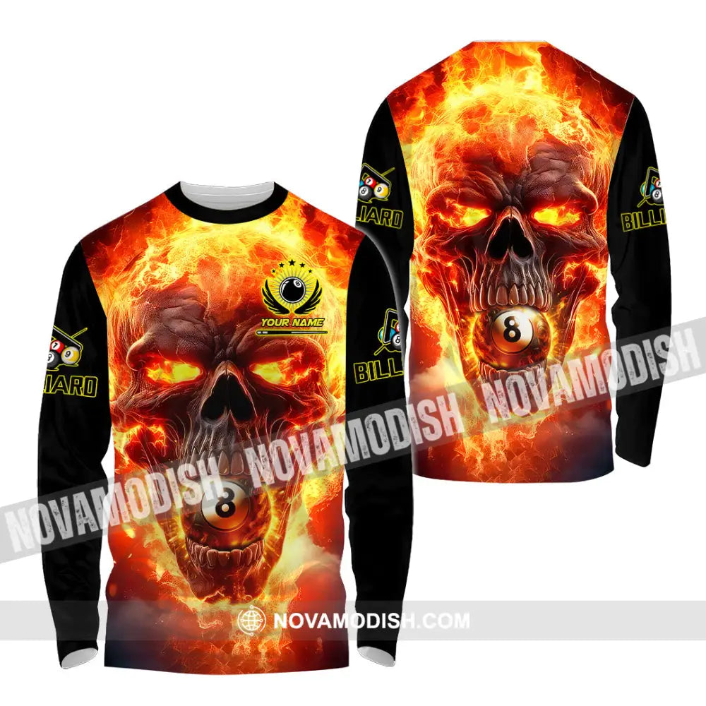 Unisex Shirt - Custom Texts Fire Skull Billiards No8 Sport Shirt Long Sleeve Shirt / S T-shirt