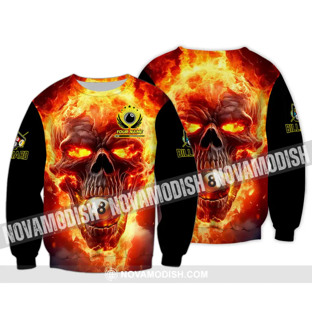 Unisex Shirt - Custom Texts Fire Skull Billiards No8 Sport Shirt Long Sleeve / S T-shirt