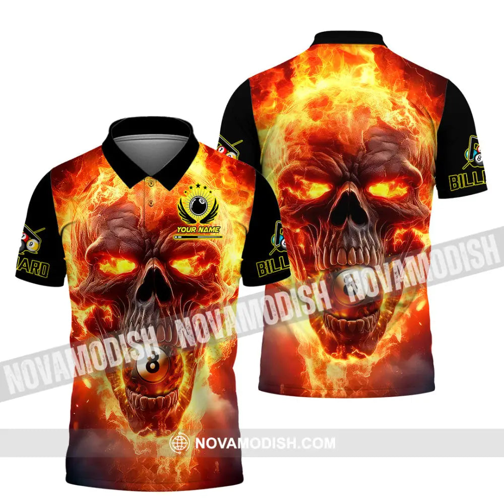 Unisex Shirt - Custom Texts Fire Skull Billiards No8 Sport Shirt Polo Shirt / S T-shirt