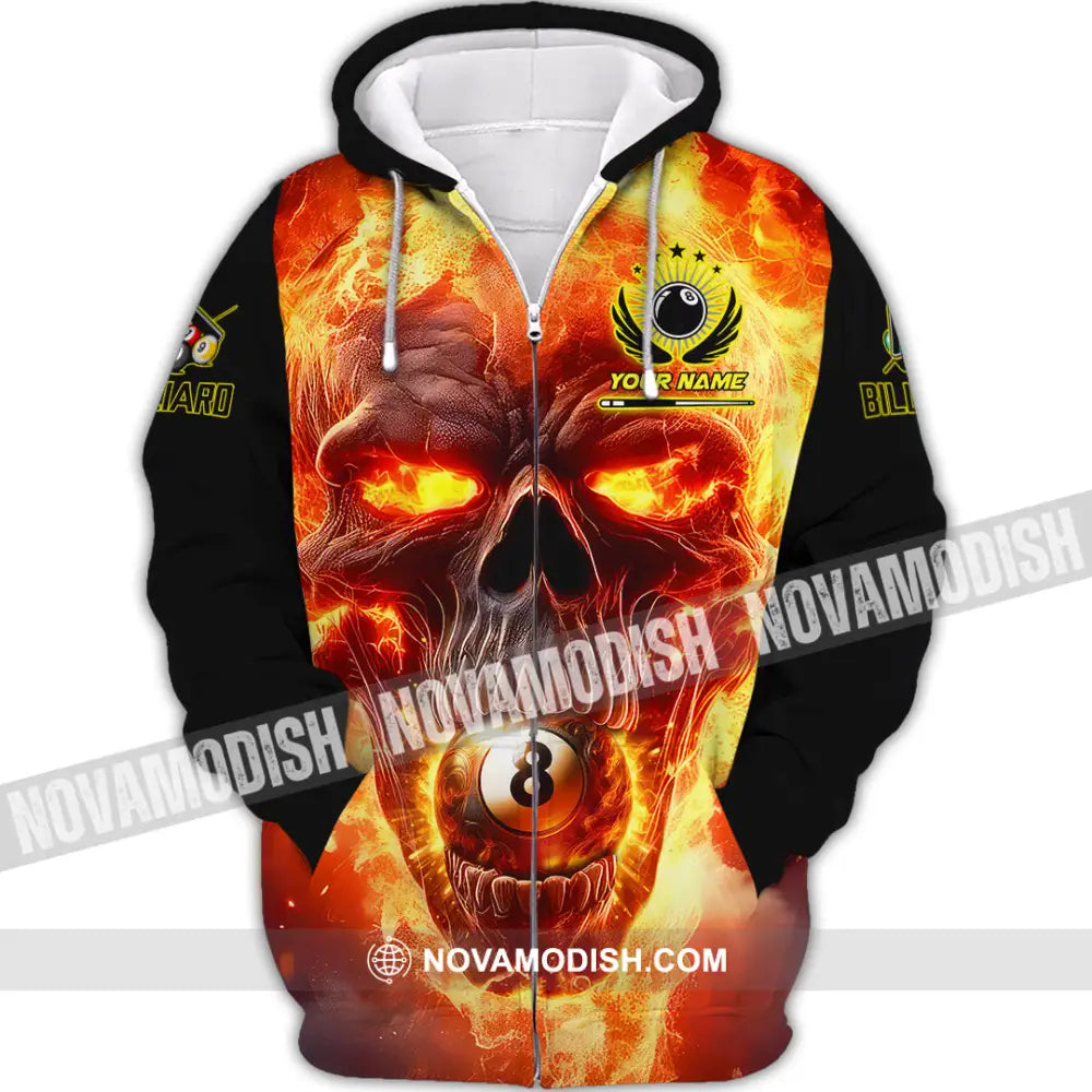 Unisex Shirt - Custom Texts Fire Skull Billiards No8 Sport Shirt Zipper Hoodie / S T-shirt