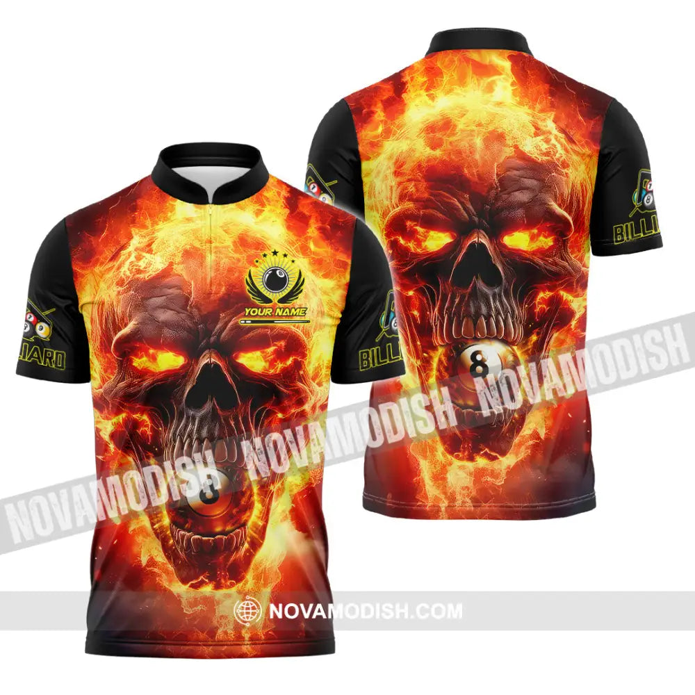 Unisex Shirt - Custom Texts Fire Skull Billiards No8 Sport Shirt Zipper Polo Shirt / S T-shirt