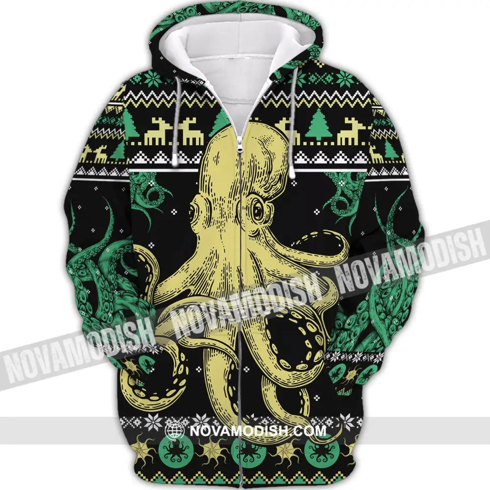 Unisex Shirt Octopus Ugly Christmas Hoodie Zip Sea Animal T-Shirt Gift For Zipper / S