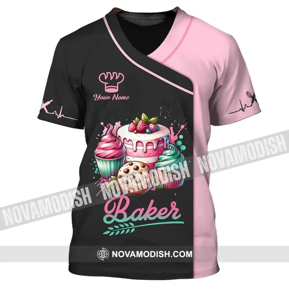 Woman Shirt Custom Name Baker Bakery Uniform Chef Baking Lovers Gift T-Shirt / S
