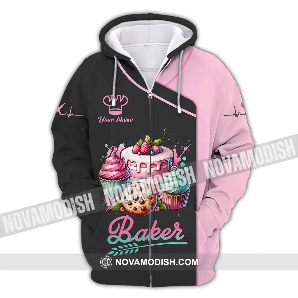 Woman Shirt Custom Name Baker Bakery Uniform Chef Baking Lovers Gift Zipper Hoodie / S T-Shirt