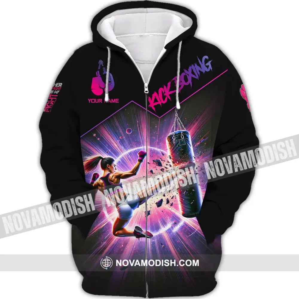 Woman Shirt Custom Name Kick Boxing Polo Long Sleeve Gift Zipper Hoodie / S T-Shirt