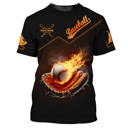 Herren-Shirt, individuelles Namens-Baseball-T-Shirt, Baseball-Feuer, Geschenk für Baseball-Spieler