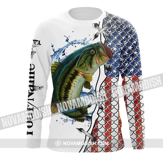 American Flag Largemouth Bass Patriotic Fishing Customize Name 3D Shirts Long Sleeve 05.06