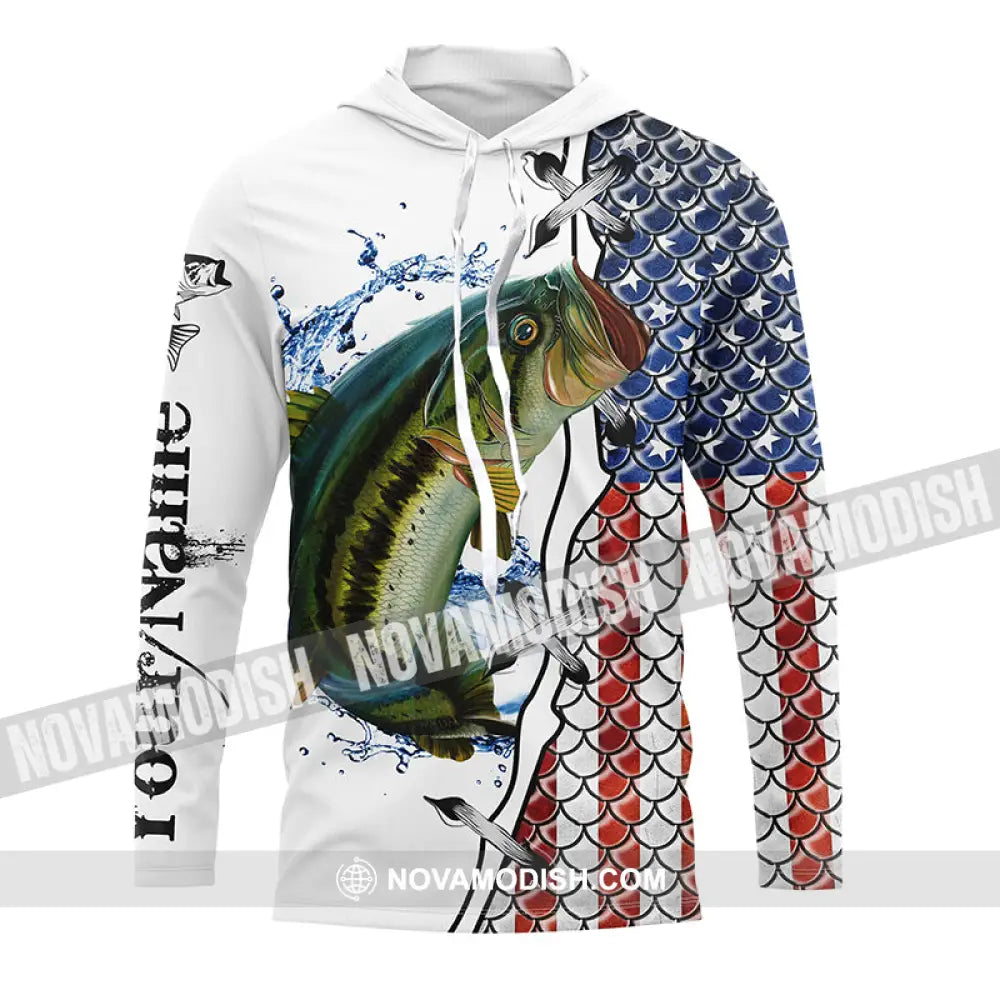 American Flag Largemouth Bass Patriotic Fishing Customize Name 3D Shirts Long Sleeve 05.06