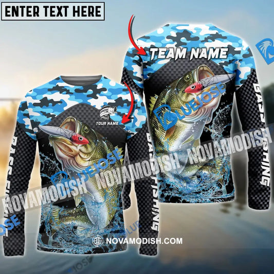 Bass Fishing Blue Camo Sport Custom Name & Team 3D Shirts Long Sleeve 05.06