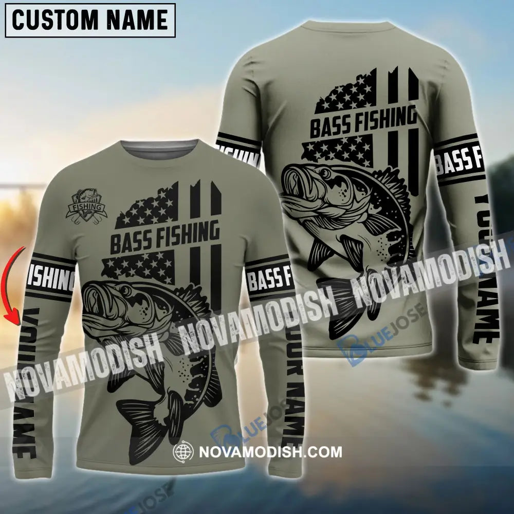 Bass Hunter Fishing American Flag Custom Long Sleeve Shirts 05.06