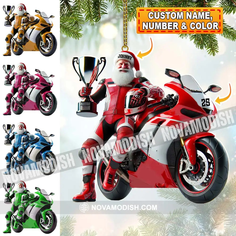 Custom Name And Number Santa Motorbike Ornament Christmas Gift