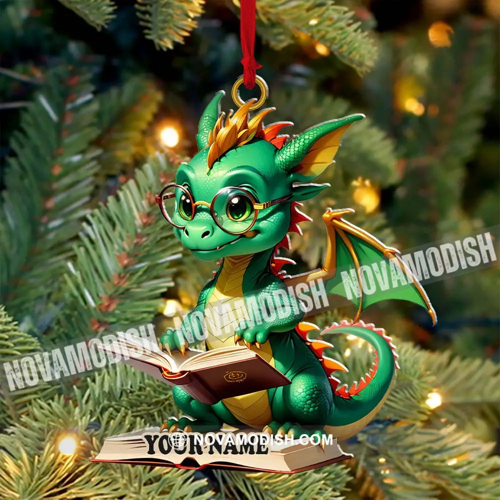 Custom Name Dragon Reading Books Ornament Christmas Gift For Book Lover