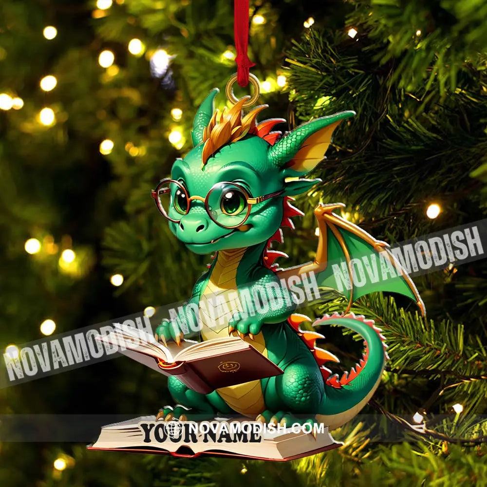 Custom Name Dragon Reading Books Ornament Christmas Gift For Book Lover