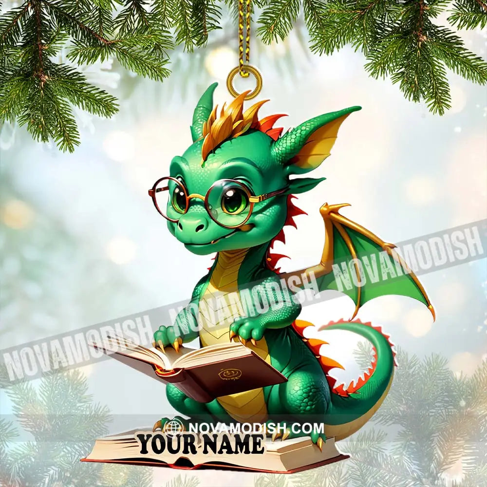 Custom Name Dragon Reading Books Ornament Christmas Gift For Book Lover 3.54’’ / 1