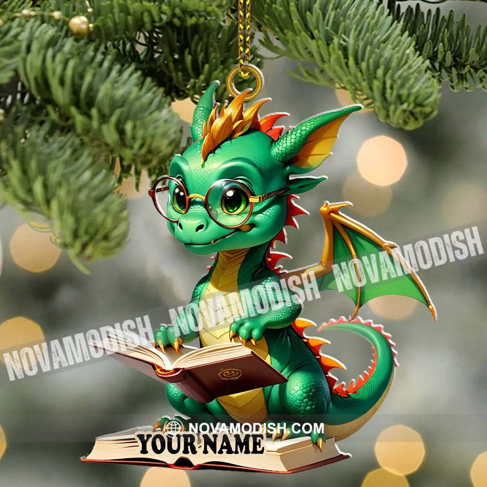 Custom Name Dragon Reading Books Ornament Christmas Gift For Book Lover