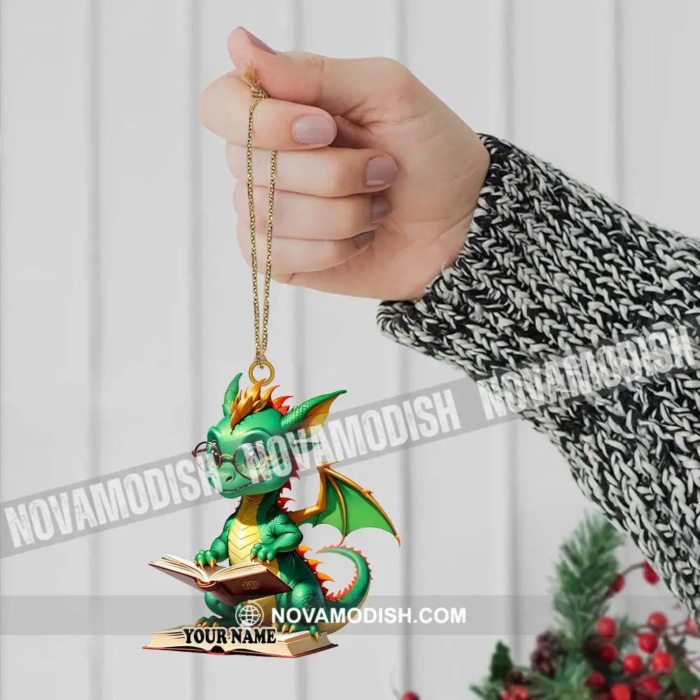 Custom Name Dragon Reading Books Ornament Christmas Gift For Book Lover