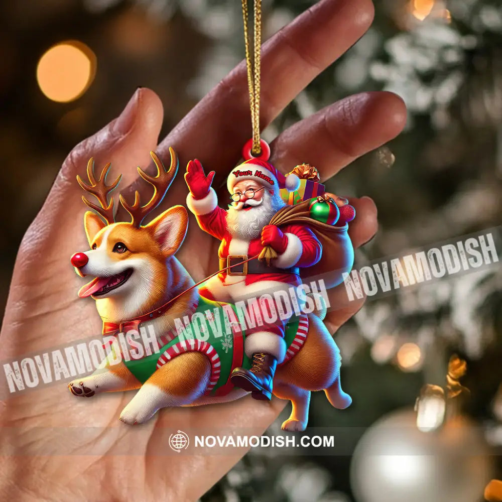 Custom Name Santa Corgi Deer Ornament Christmas Gift