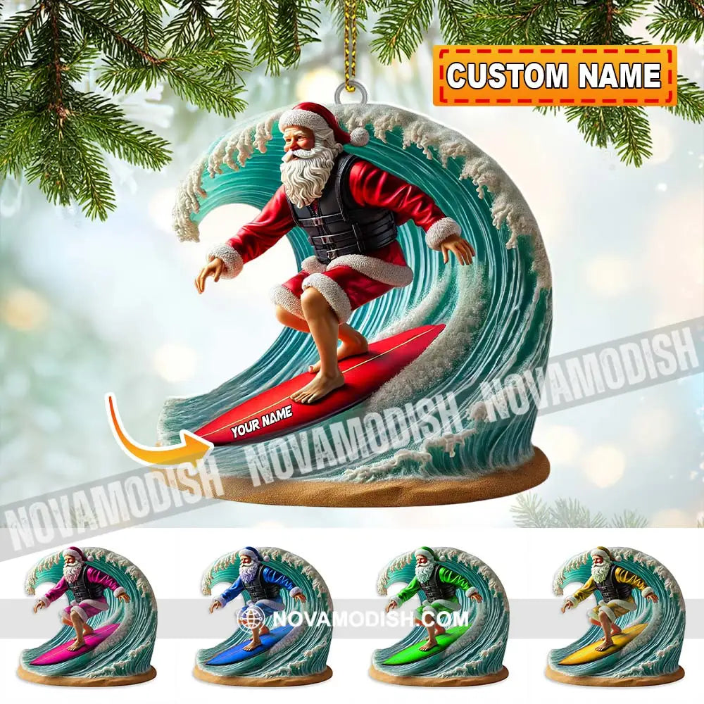 Custom Name Santa Surfing Ornament Christmas Gift Decoration