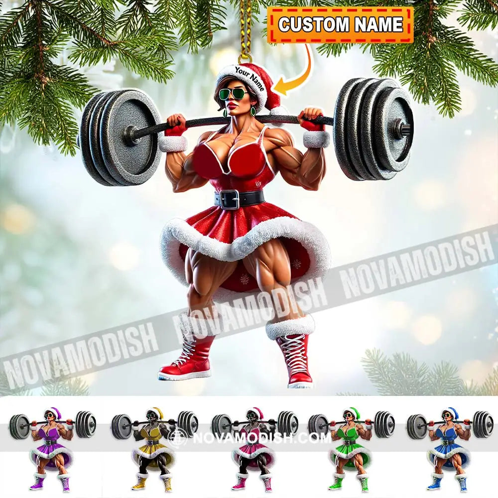 Custom Name Woman Gym Work Out Santa Ornament Christmas Gift Decor