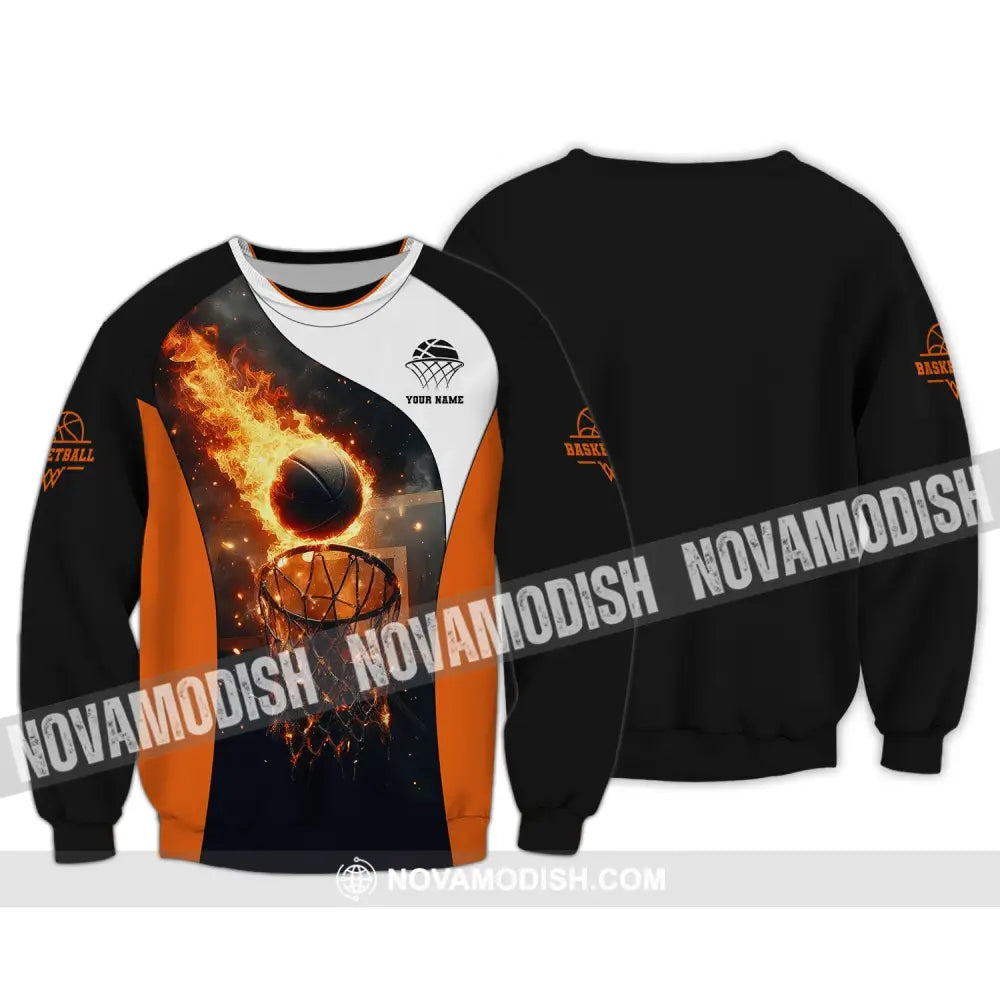 Man Shirt Custom Name Basketball Fire Gift For Player Long Sleeve / S T-Shirt