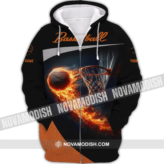 Man Shirt Custom Name Basketball Fire Gift For Player Zipper Hoodie / S T-Shirt