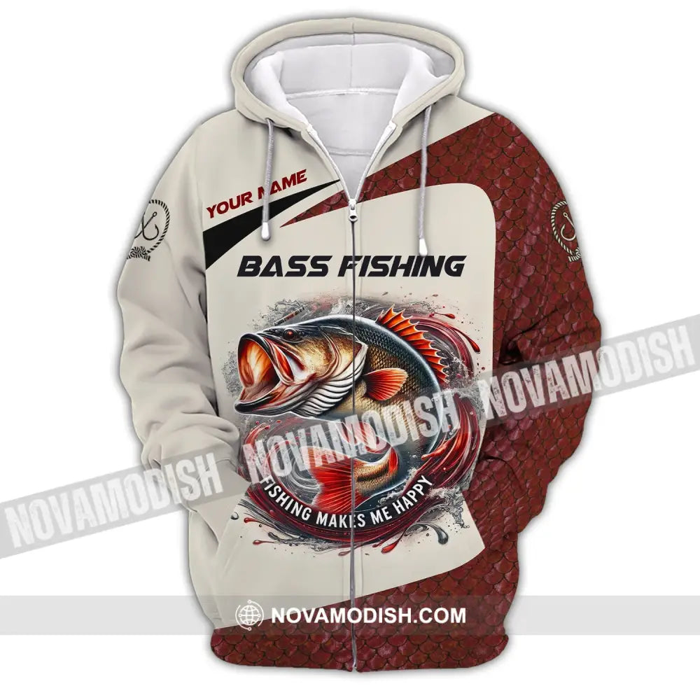 Man Shirt Custom Name Bass Fishing Lover Hoodie Polo Long Sleeve Zipper / S T-Shirt