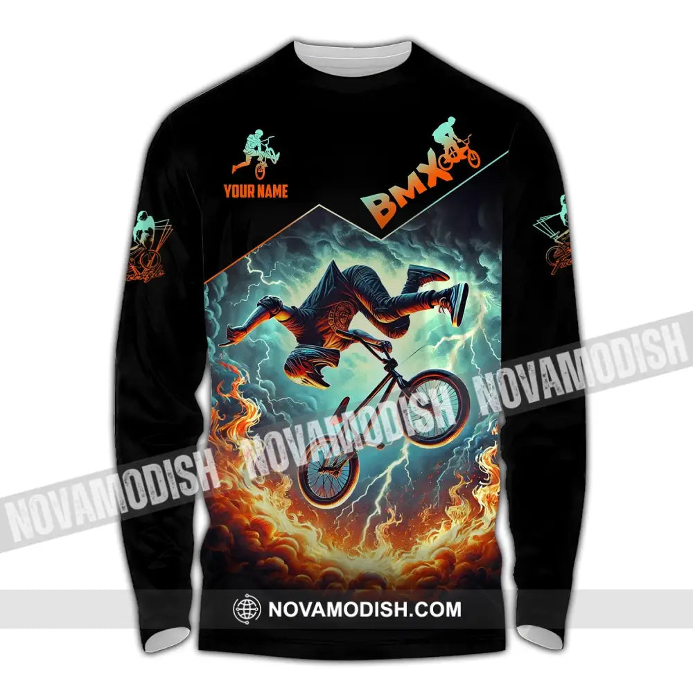 Man Shirt Custom Name Bicycle Moto Cross Bmx Polo Long Sleeve Hoodie / S T-Shirt