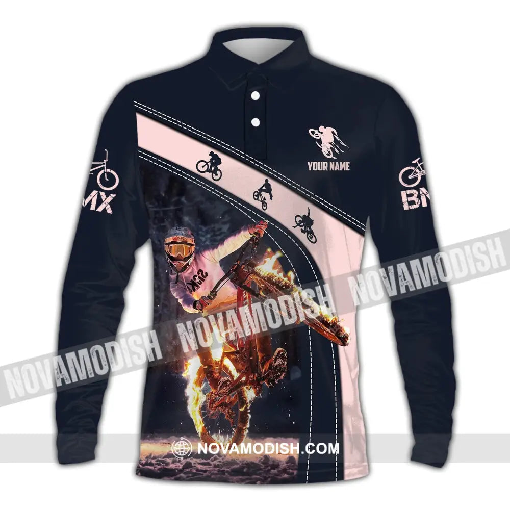 Man Shirt Custom Name Bicycle Moto Cross Bmx Polo Long Sleeve Hoodie / S T-Shirt