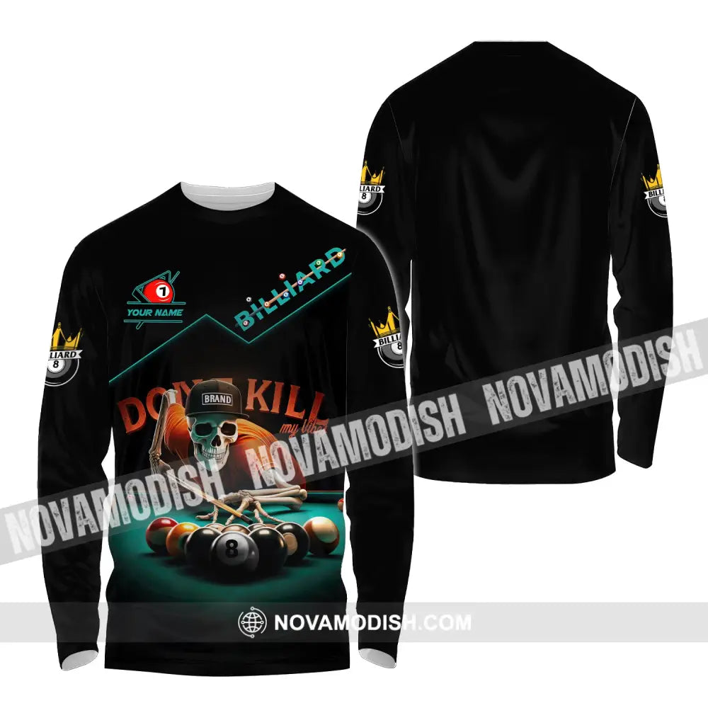 Man Shirt Custom Name Billiards Polo Long Sleeve Skull T-Shirt / S